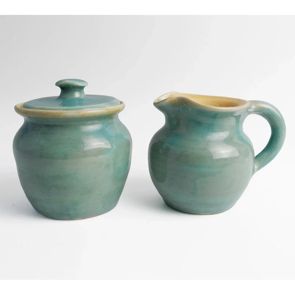 Pisgah Forest Pottery Vintage Creamer Sugar Set Blue-Green Glaze North Carolina